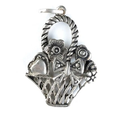 Vintage Charm Ciondolo in argento: CESTO CON FIORI - BASKET WITH FLOWERS - Immagine 1 di 2