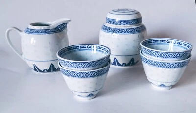 7 pc Chinese Tienshan Rice Flower Set 4 Sake Cups + Ginger Jar W/Lid + Creamer - Image 1 of 4