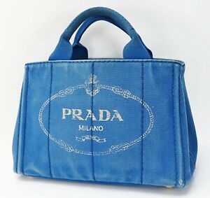 Authentic PRADA Canapa Blue Canvas Hand Tote Bag Purse #43315A