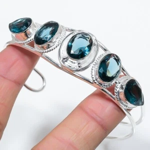 London Blue Topaz Gemstone 925 Sterling Silver Jewelry Adjustable Cuff Bracelet - Picture 1 of 1