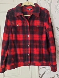 Isaac Mizrahi Live Red Plaid Fleece Trucker Jacket Shacket 1X Womens Plus - Picture 1 of 12