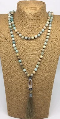 Fashion long knot Amazonite Stones w charming Tassle pendant Necklace jewelry Foto 1 de 4