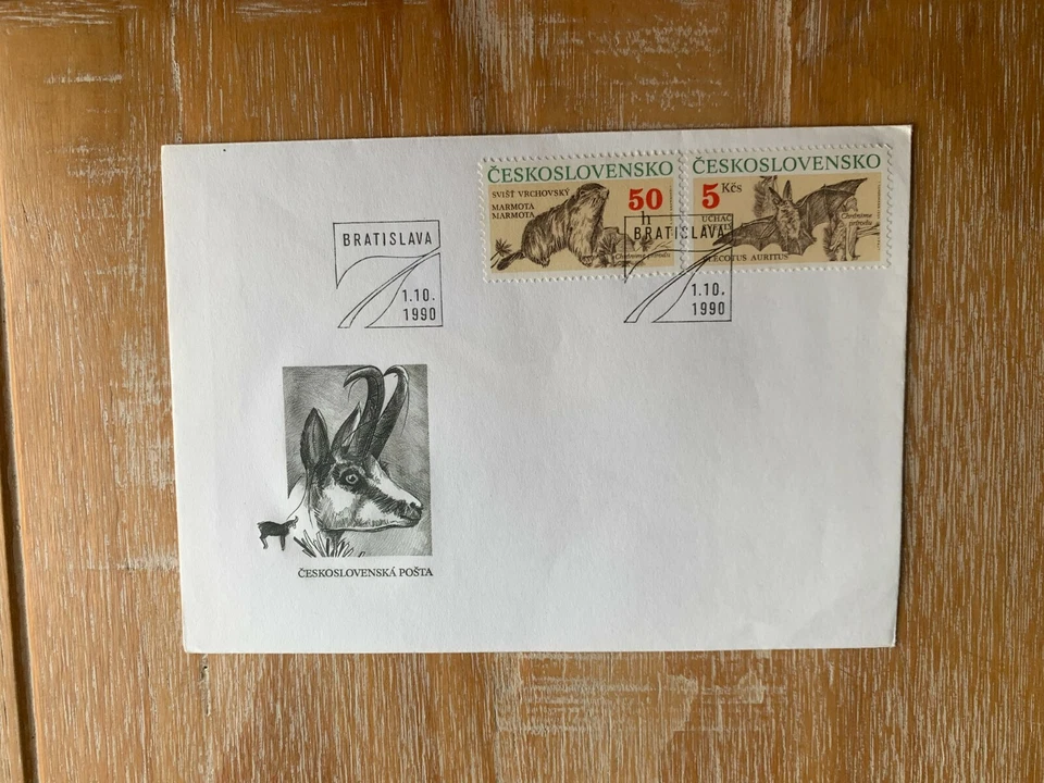 CZECHOSLOVAKIA 1990 FDC ANIMALS GOAT MARMOT BAT - Image 1 of 1