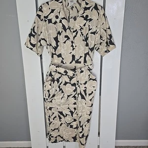 Wild Dress Black Beige Floral Front Button Midi Dress Size 9/10 Medium Retro - Picture 1 of 9