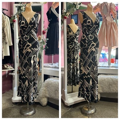 Y2K Vintage Inspired Maxi Slip Dress Bias Cut Abstract Black White Sleeveless M - Image 1 of 4