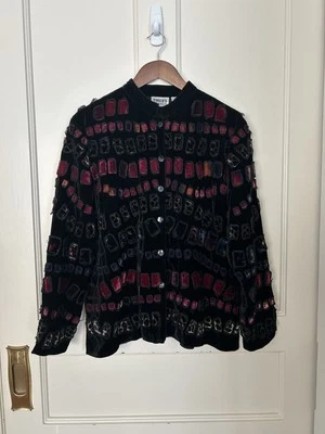 Chico's Silk Blend Art To Wear Button Blazer Womens Size Large Black Red Classic - Image 1 of 4