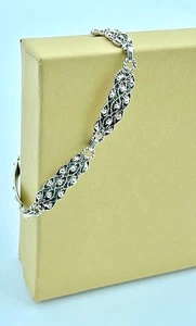 Vintage Sterling Silver Antiqued Scallop & Bead Linked Panel Bracelet 7.25" Mex - Picture 1 of 10