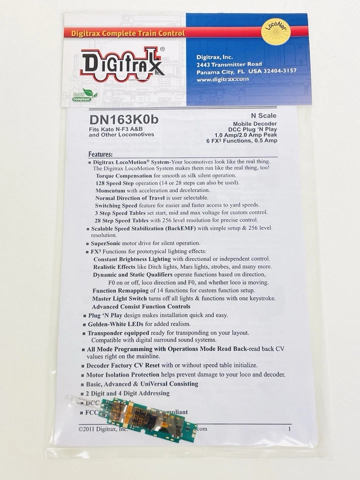 N scale Digitrax DN163K0B DCC Plug & Play decoder for Kato N F3 A & B