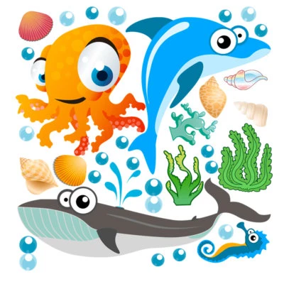 Delfino piovra balena coralli pesci adesivi murali cameretta wal sticker 30 PZ. - Immagine 1 di 2