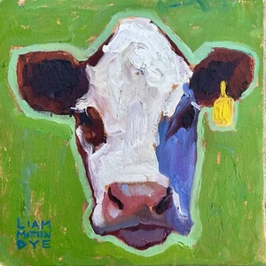 Original Painting Cow Hereford Small 8x8 Signed Impressionist - Picture 1 of 4