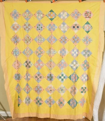 Cheery Vintage 30's Nine Patch Variation Antique Quilt Top ~Nice Yellow Ground! - Image 1 of 4