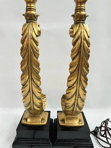 Pair Vintage Gold Gilt Curved Feather Leaf MCM Hollyood Regency Lamp Base *Read* - Picture 1 of 21