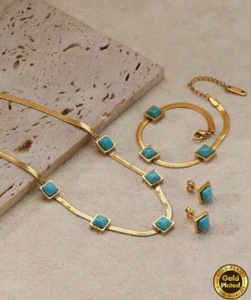 Natural Turquoise Necklace Bracelet Earring Set 18K Gold Plated Stainless Steel - Picture 1 of 8