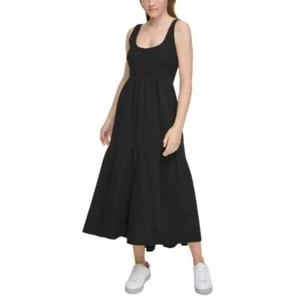 CALVIN KLEIN JEANS Tiered Smocked-Back Tank Dress Black Size MED - Picture 1 of 4