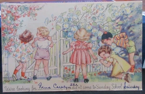 Vintage KINDER SONNTAGSSCHULE Postkarte Vermisst euch KINDER AM WEISSEN LATTENZAUN - Bild 1 von 5