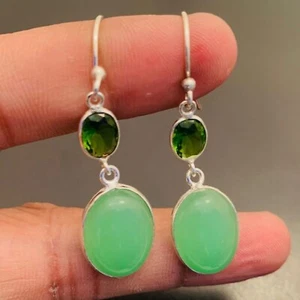 Chalcedony Peridot Quartz Gemstone Sterling Silver Plated Earrings Jewelry - Picture 1 of 3