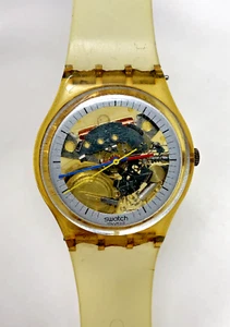 Vintage Transparent Swatch Watch Elastic Strap Clear Gears Needs Battery - Picture 1 of 12