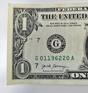 JANUARY 20 1962, BIRTHDAY FANCY SERIAL NUMBER, 2017A $1 DOLLAR BILL, G01196220A - Picture 1 of 3