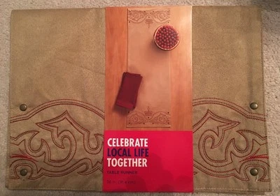 Celebrate Local Life Together Faux Suede Tan 36" Table Runner Red Western Stitch - Image 1 of 3