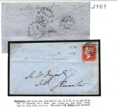 GB IRELAND SG.36 Cover LC16 Limerick MISSENT Rathkeale 1858 Glos Station J161  - Image 1 of 4
