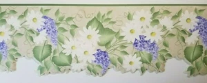White & Purple Flowers Green Trim Wallpaper Border by Brewster Wallcovering - Picture 1 of 2