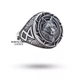 Wolf Testa Warlock Giungla Animale 925 Argento Sterling Ossidato Uomo Biker Ring - Foto 1 di 7