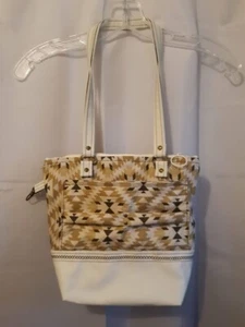 New Southwestern Geometric Vinyl Double handle Satchel Purse Ivory Mustard Brow - Picture 1 of 10
