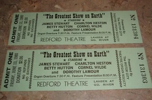 GREATEST SHOW ON EARTH 2 MOVIE TICKETS REDFORD THEATRE DETROIT MI JAMES STEWART - Picture 1 of 5