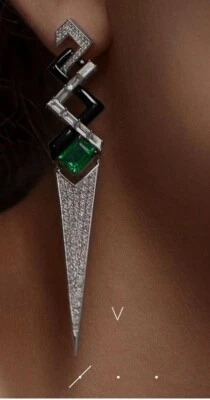 2CT Green Emarald Great White CZ Long Triangle Earrings & Enamel Luxury Jewelry - Image 1 of 4