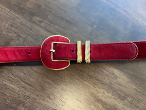 Vtg  Liz Claiborne Red Suede Leather Belt Gold Buckle Hardware Statement Piece