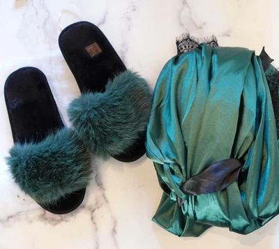 Conjunto de chinelos Nordstrom roupão de cetim feminino XL verde preto renda lounge roupa de dormir - Imagem 1 de 4