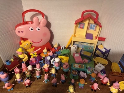 HUGE Peppa Pig Toy Lot - 27 Figures 5 Cars House Furniture & Carrying Case - Image 1 of 4