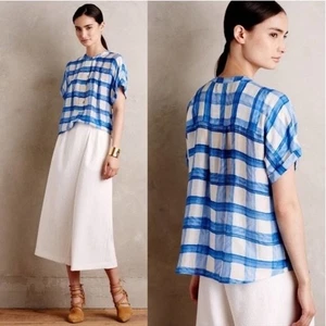 Maeve Anthropologie Shirt Women Medium Blue White Checked Silk Top Boho Preppy - Picture 1 of 9
