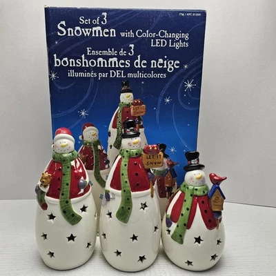 Muñecos de Nieve Juego de 3 Luces LED Cambiantes de Color Cerámica Porcelana Estrellas de Navidad Foto 1 de 4