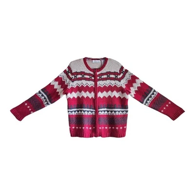 VALERIE STEVENS Women Petite L PL Cardigan Sweater Zip Red Gray Wool Angora 42" - Image 1 of 4