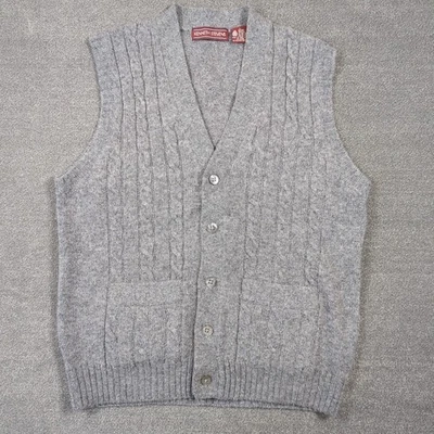 VTG Cable Knit Wool Sweater Vest Mens L Gray Shetland Button Up Kenneth Stevens - Image 1 of 4
