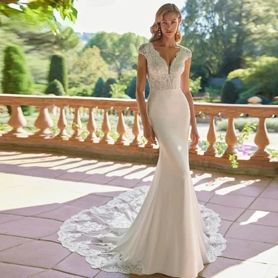 Elegantes vestidos de novia de sirena cuello en V mangas con apliques de encaje vestidos de novia Foto 1 de 4