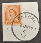 New Zealand relief postmark Oxford 1960 on QE2 1d stamp, very clear