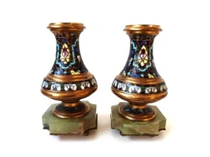 Pair of Gilt Bronze and Cloisonné Enamel Vases on Onyx Base Antique Rare 19th C - Picture 1 of 11