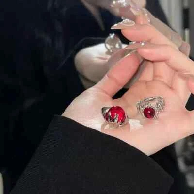Anillos de corazón de cristal rojo gótico punk para mujer vintage de metal geométrico irregular Foto 1 de 4