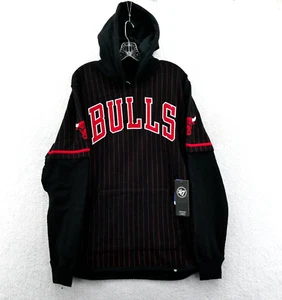 Chicago Bulls Hoodie Medium Mens Black Red Pinstripe '47 Brand Shortstop Top New - Picture 1 of 10