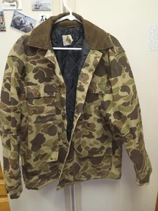 Vintage 1980er L Carhartt Duck Camoflague Jagdjacke Wildtasche Kapuze CQ103 Quilt - Bild 1 von 14
