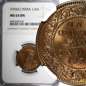 India-British George V Bronze 1935 (C) 1/4 Anna NGC MS64 BN KM# 512 (018) - Picture 1 of 5