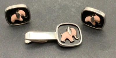 Vintage HICKOK Enamel PINK ELEPHANT Cufflinks Tie Clip silver tone  Mid Century - Image 1 of 4