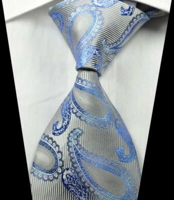 Gravata masculina Hot Classic paisley prata azul bebê tecido jacquard 100% seda - Imagem 1 de 2
