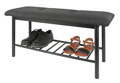 Banco Portascarpe Con Cuscino 90x34x45cm Panca Vano per Scarpe Legno Bambù Nero - Immagine 1 di 4