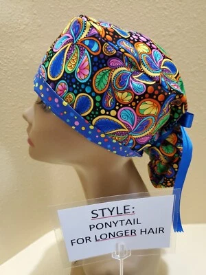 Bright Paisley (black)  (Women's Ponytail Surgical Scrub Hat/Cap Handmade - Image 1 of 4