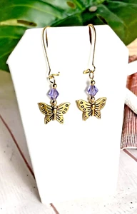 Women's Golden Butterflies & Purple Glass Beads Dangle Earrings Beaded Jewelry - Picture 1 of 4