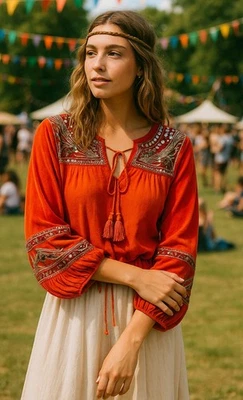 Blusa Free People Terciopelo Bordado Talla S Gran Tamaño Hippie Boho Corazones Llama Foto 1 de 4