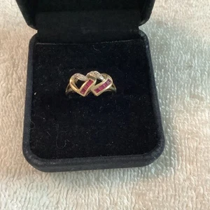 Vintage 10K Yellow Gold Ruby and Diamond Double Heart Ring Size 6.75 - Picture 1 of 10